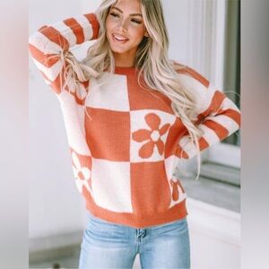 Brown Checkered Floral Print Striped Sleeve Sweater